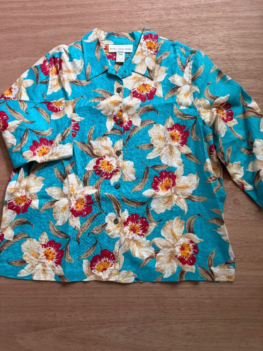 Jones New York Sport 100% linen button up shirt sz L floral 3/4 sleeve tropical